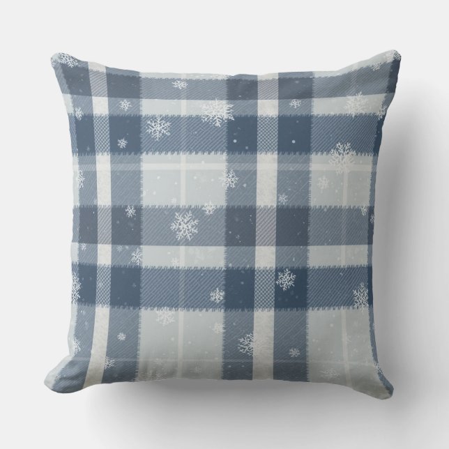 Minimalist Gray & Silver Snowflake Plaid Throw Pillow (Front)