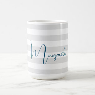 Minimalist Gray Stripes Blue Name Coffee Mug