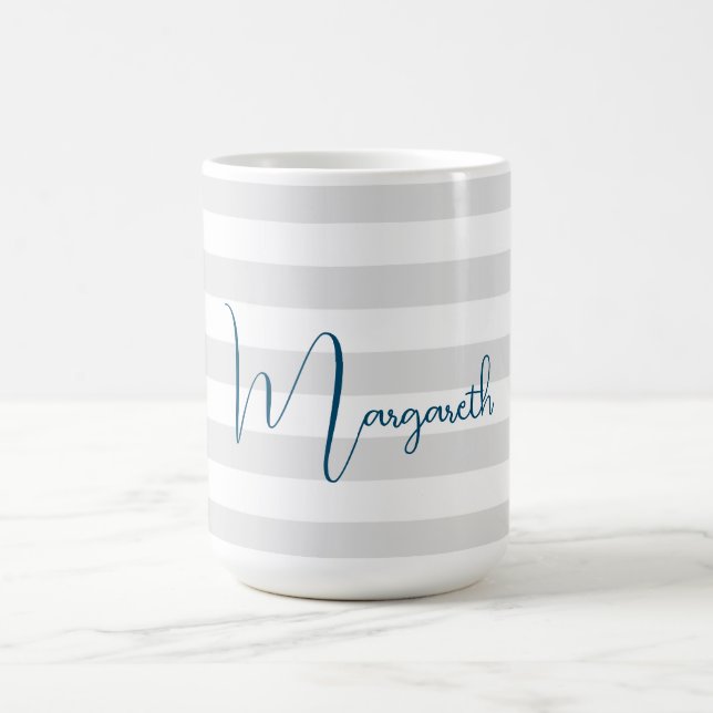 Minimalist Gray Stripes Blue Name Coffee Mug (Center)