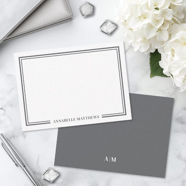 Minimalist Gray Two Border Monogram Note Card (Minimalist Gray Two Border Monogram Note Card )