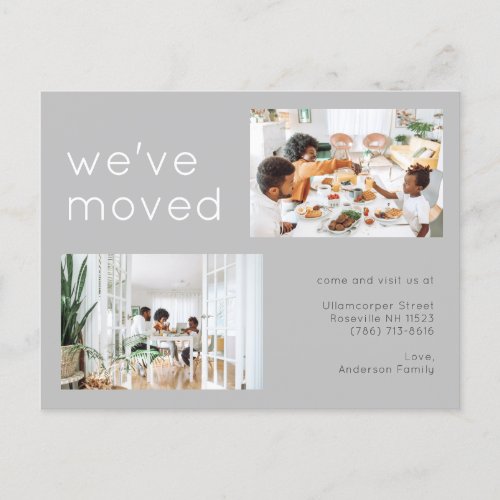 Minimalist Gray Two Family Photo Moving  Announcement Postcard