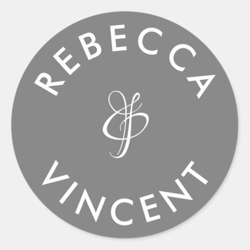 Minimalist Gray Wedding Personalized Names Classic Round Sticker