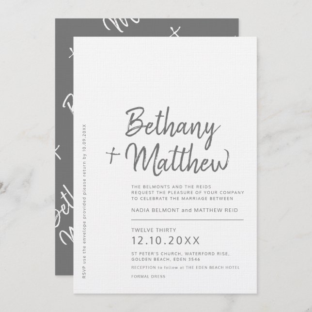 Minimalist gray white calligraphy script wedding invitation (Front/Back)