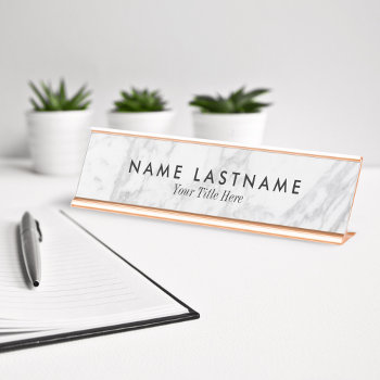 Minimalist Gray White Marble Custom Desk Nameplate by pinkpinetree at Zazzle