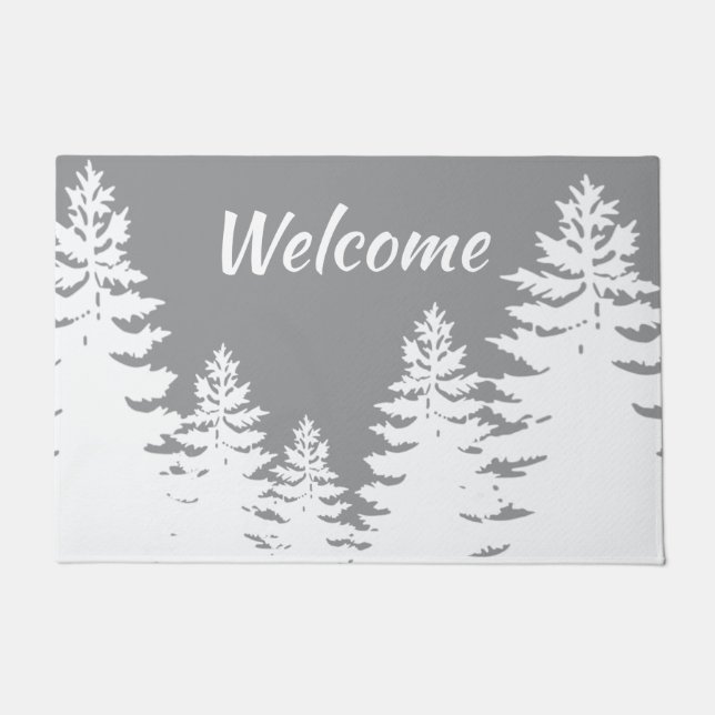 Minimalist gray white pine tree silhouettes      doormat (Front)