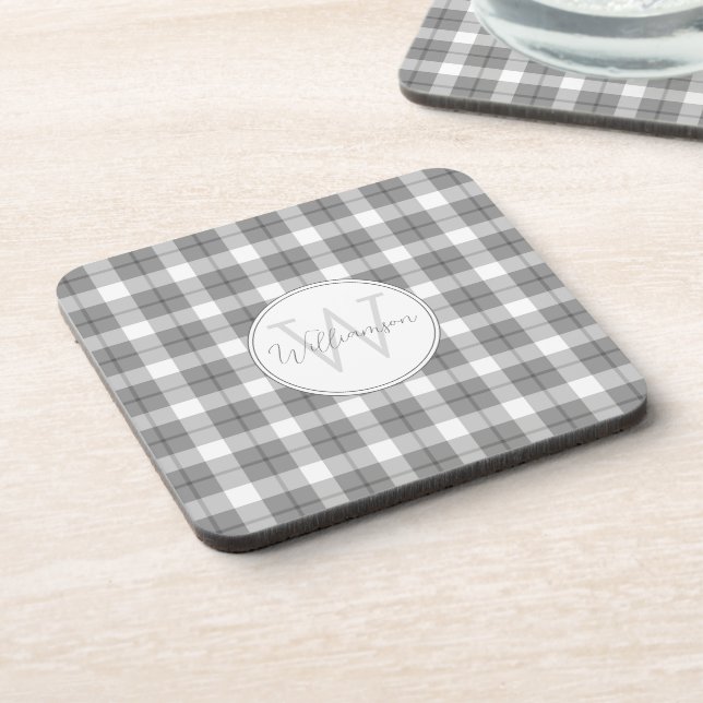 Minimalist Gray & White Plaid Monogram Beverage Coaster (Left Side)