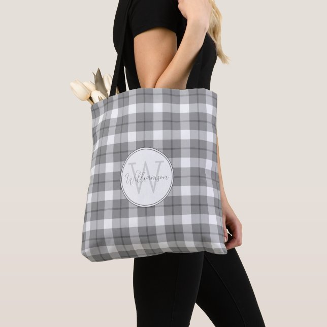 Minimalist Gray & White Plaid Monogram Tote Bag (Close Up)