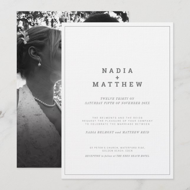 Minimalist gray white vertical text photo wedding invitation (Front/Back)