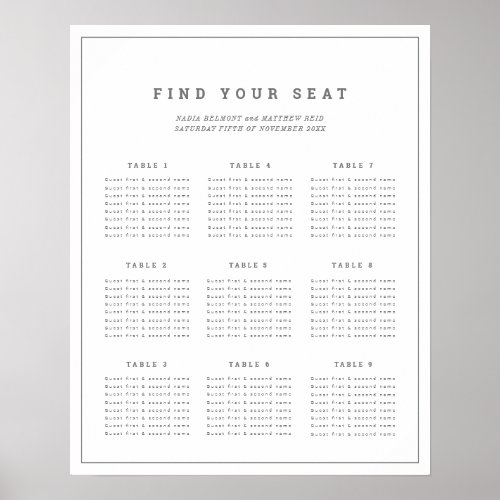 Minimalist gray white wedding seating chart plan
