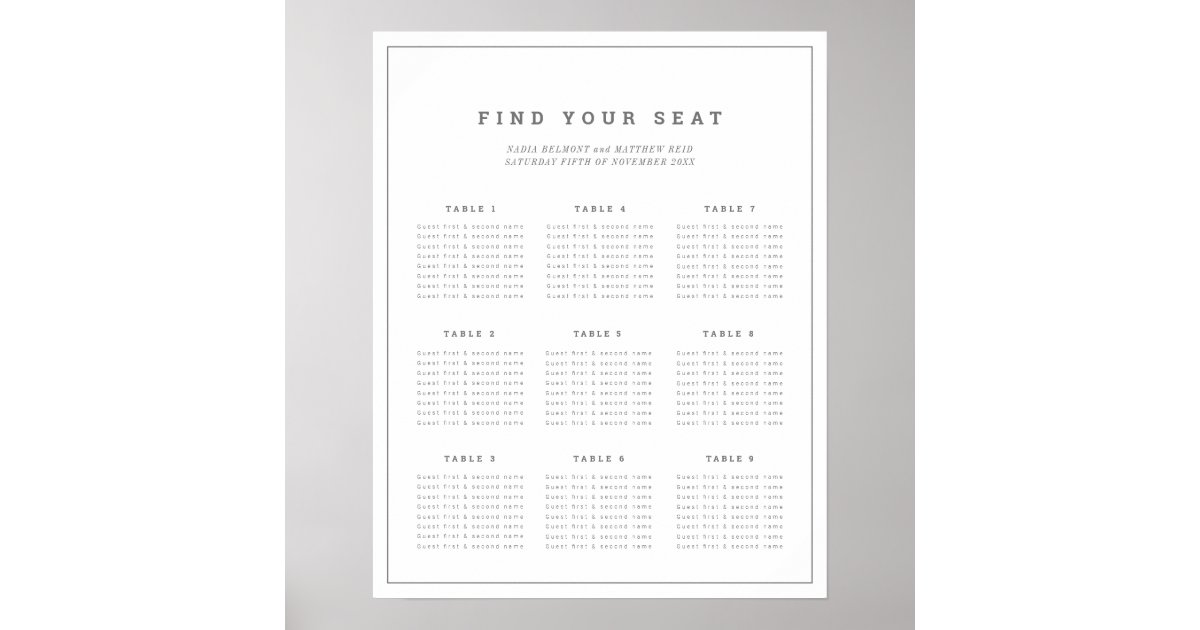 Minimalist gray white wedding seating chart plan | Zazzle