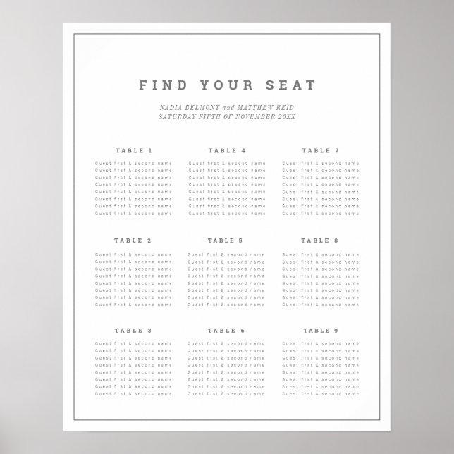 Minimalist gray white wedding seating chart plan (Front)