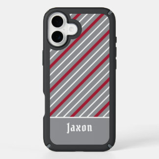 Minimalist Gray with Dark Red and White Stripes iPhone 16 Plus Case