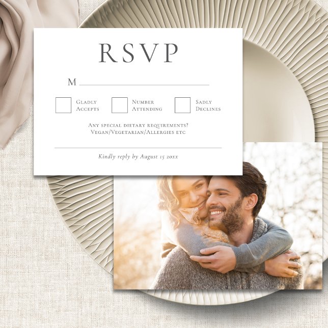 Minimalist Gray Writing Photo Wedding RSVP Card (Front and back view)