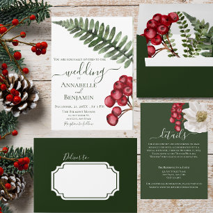 Minimalist Green and Berry Floral Ferns Wedding Invitation