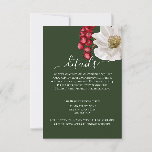 Minimalist Green and Berry Floral Wedding Details  (Front)