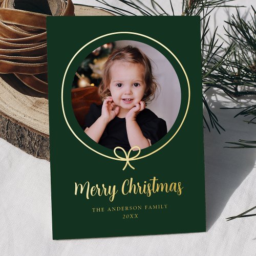 Minimalist Green and Gold Bow Photo Foil Holiday Card