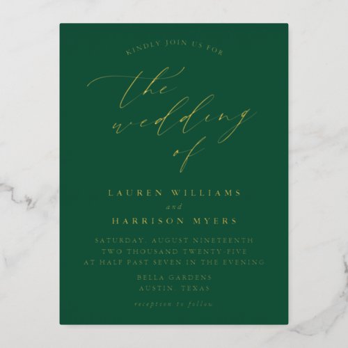 Minimalist Green and Gold Calligraphy Wedding Foil Invitation Postcard