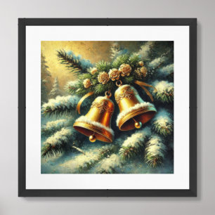 Minimalist green and gold Christmas bells cozy Framed Art