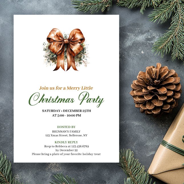 Minimalist Green And Gold Christmas Bow Invite (Minimalist Green And Gold Christmas Tree Invite)