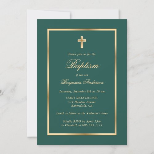 Minimalist Green and Gold Frame Script Baptism Invitation