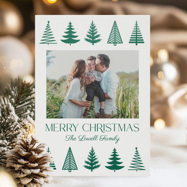Minimalist Green and White Christmas Tree Holiday Letterpress Photo Cards (Creator Uploaded)