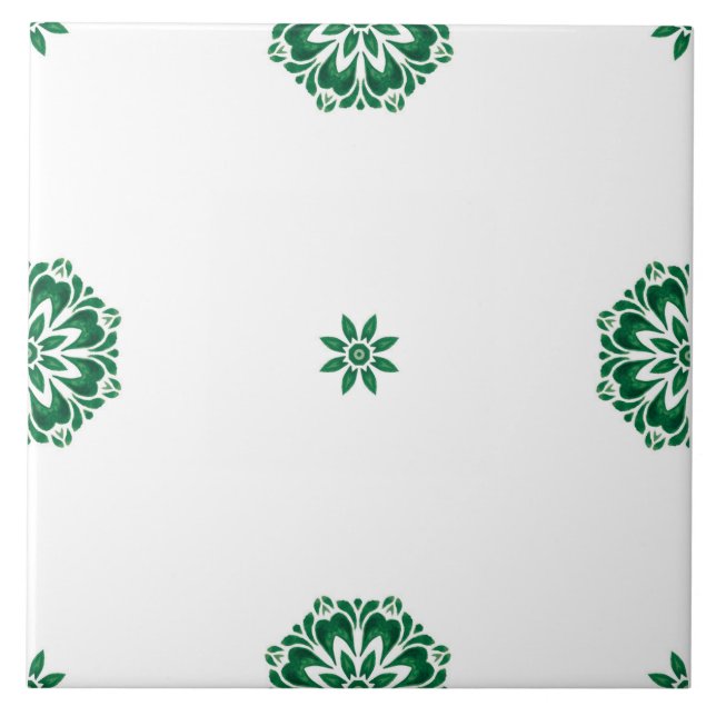 Minimalist Green and White Floral Patterned Ceramic Tile (Front)