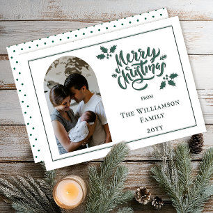 Minimalist Green and White Merry Christmas Letterpress Photo Cards