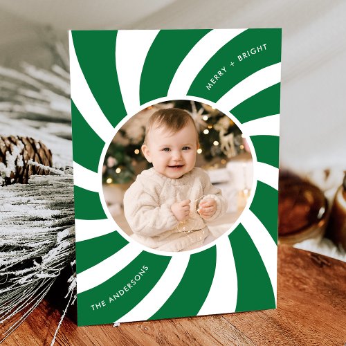Minimalist Green and White Peppermint Swirl Photo Holiday Card