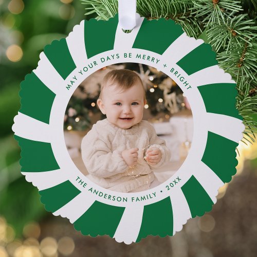 Minimalist Green and White Peppermint Swirl Photo Ornament Card