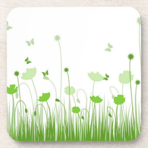 Minimalist Green and White Poppies Meadow Floral Beverage Coaster
