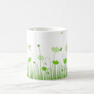 Minimalist Green and White Poppies Meadow Floral Coffee Mug