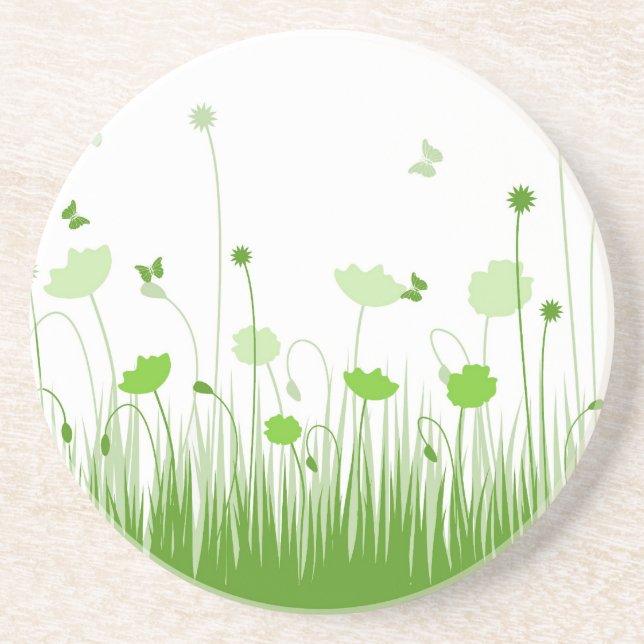 Minimalist Green and White Poppies Meadow Floral Drink Coaster (Front)