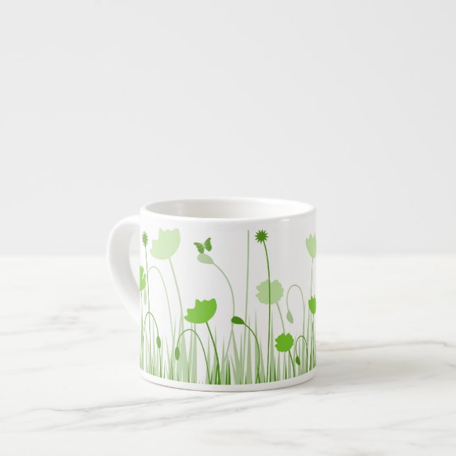 Minimalist Green and White Poppies Meadow Floral Espresso Cup (Front Left)