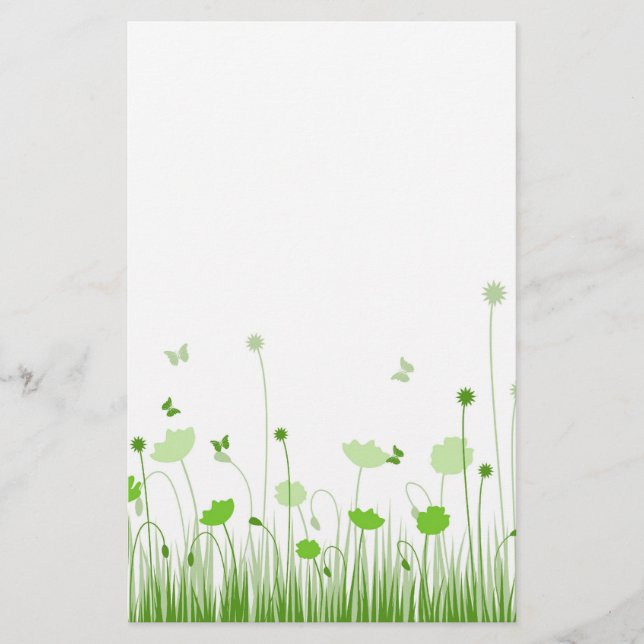 Minimalist Green and White Poppies Meadow Floral Stationery (Front)