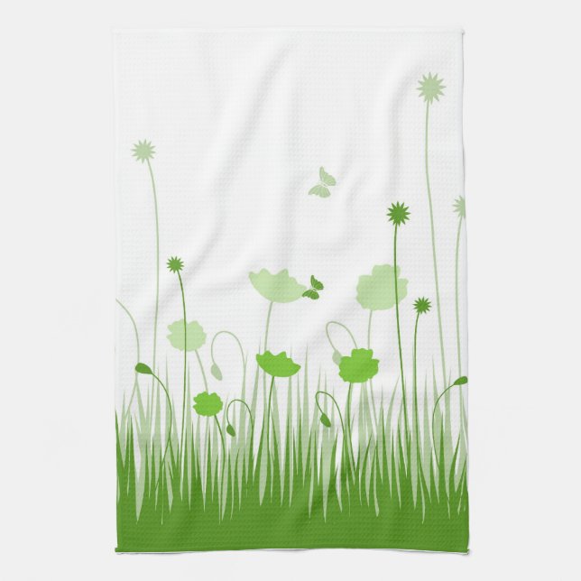 Minimalist Green and White Poppies Meadow Floral Towel (Vertical)