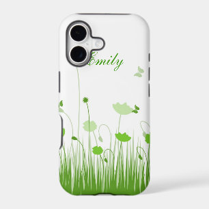 Minimalist Green and White Poppies Meadow Name iPhone 17 Case