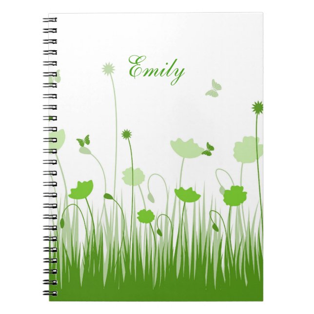 Minimalist Green and White Poppies Meadow Name Notebook (Front)