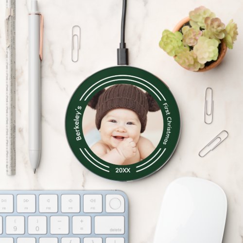 Minimalist Green Baby Photo First Christmas Wireless Charger