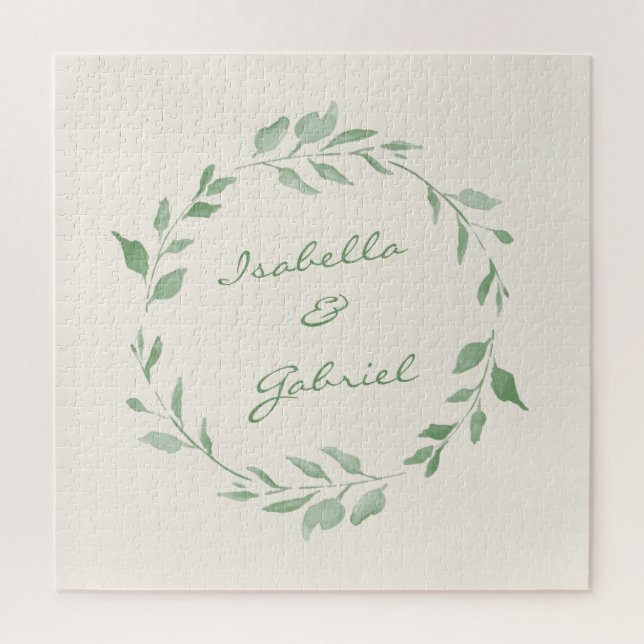 Minimalist Green Botanical Wreath Personalized Jigsaw Puzzle (Vertical)