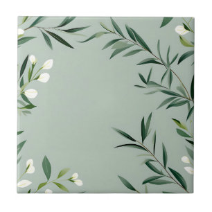 Minimalist Green Branches On Dusty Blue Ceramic Tile