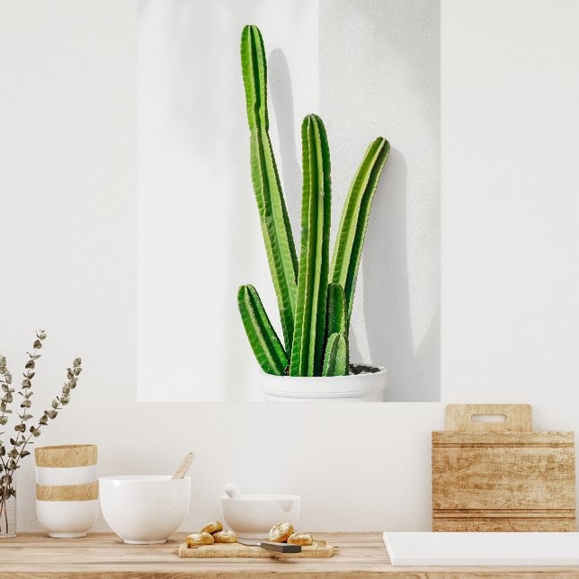 Minimalist Green Cactus in White Pot Wall Art (Kitchen)