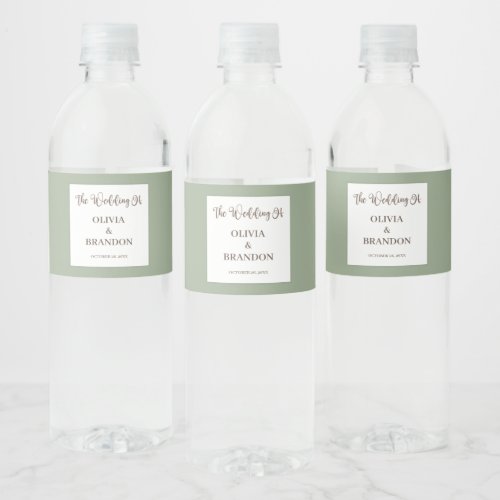 Minimalist Green Calligraphy Wedding Lettering Water Bottle Label