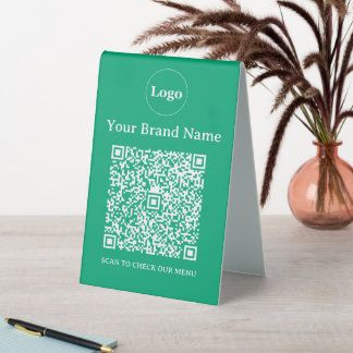 Minimalist Green Custom Business Logo and QR Code Table Tent