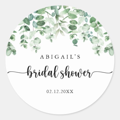 Minimalist Green Eucalyptus Bridal Shower Favor   Classic Round Sticker