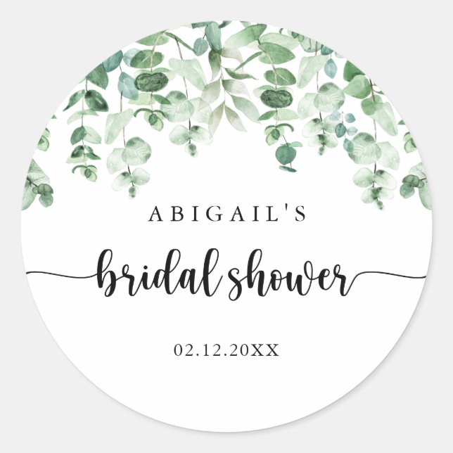 Minimalist Green Eucalyptus Bridal Shower Favor   Classic Round Sticker (Front)