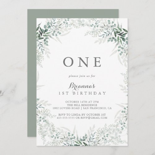 Minimalist Green Eucalyptus First Birthday Party Invitation