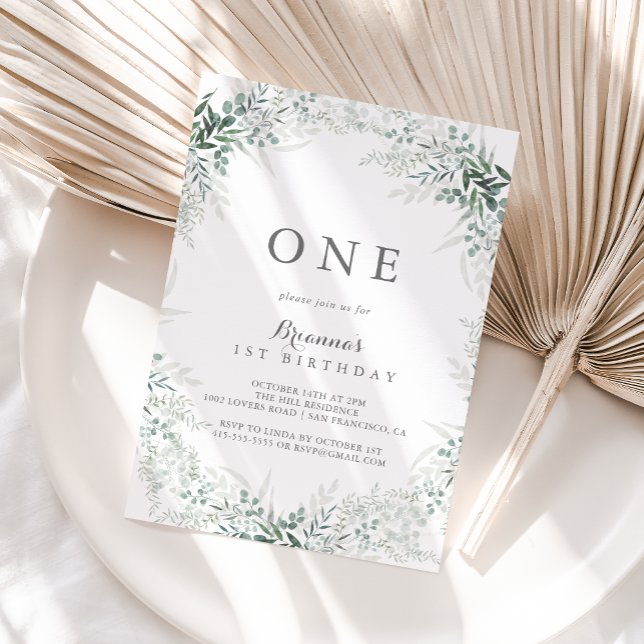 Minimalist Green Eucalyptus First Birthday Party Invitation (Creator Uploaded)