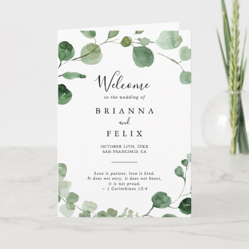 Minimalist Green Eucalyptus Folded Wedding Program