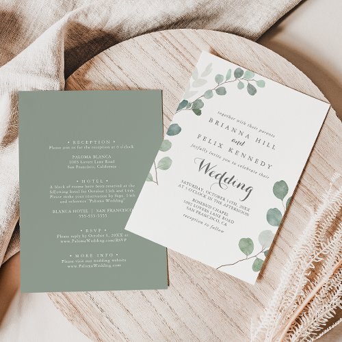 Minimalist Green Eucalyptus Front  Back Wedding Invitation