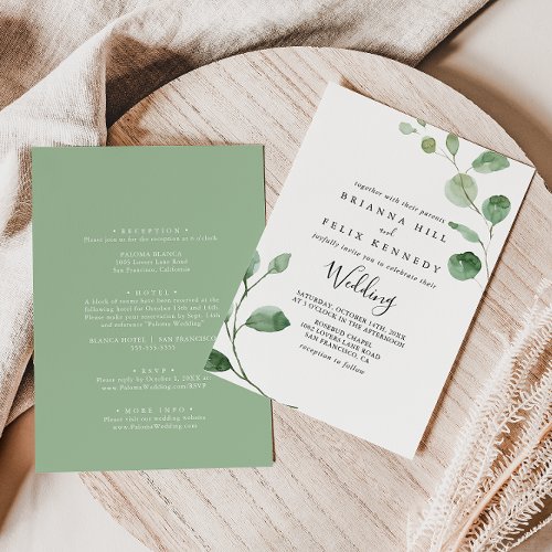 Minimalist Green Eucalyptus Front  Back Wedding  Invitation